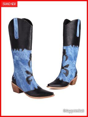 Denim Patchwork Cowboy Boots Knee High Pointed Toe Chunky Heel Pull On